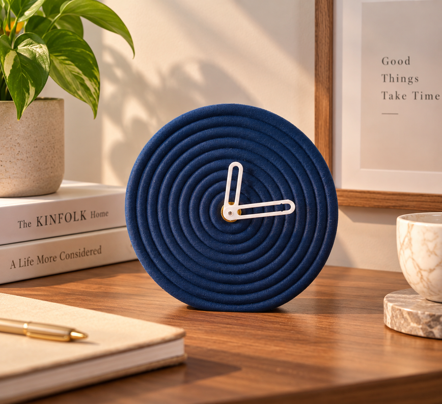 Coral Tree Modern Round Table Clock, 12 cm Decorative Textured Desk Clock with Minimalist Hands & Stable Stand, Battery Operated Small Clock for Bedroom, Living Room, Study, Office & Gifting
