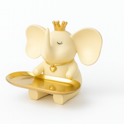 Decorative Elephant Figurine with Golden Crown and Tray – Resin Tabletop Organizer for Keys, Jewelry, Coins, and Decor Accents