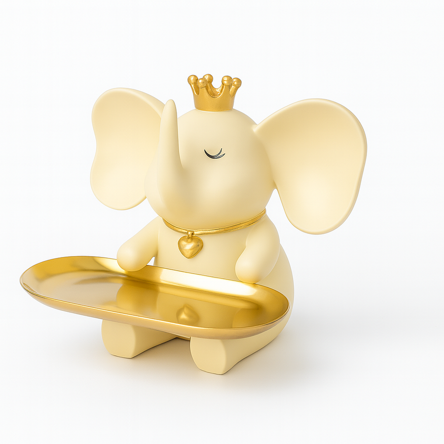 Decorative Elephant Figurine with Golden Crown and Tray – Resin Tabletop Organizer for Keys, Jewelry, Coins, and Decor Accents