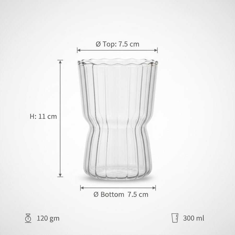 Coral Tree Premium Ribbed Glass Tumbler 300 ml | Transparent Drinking Glass | Modern Water Juice Coffee Glass | 11 cm Height