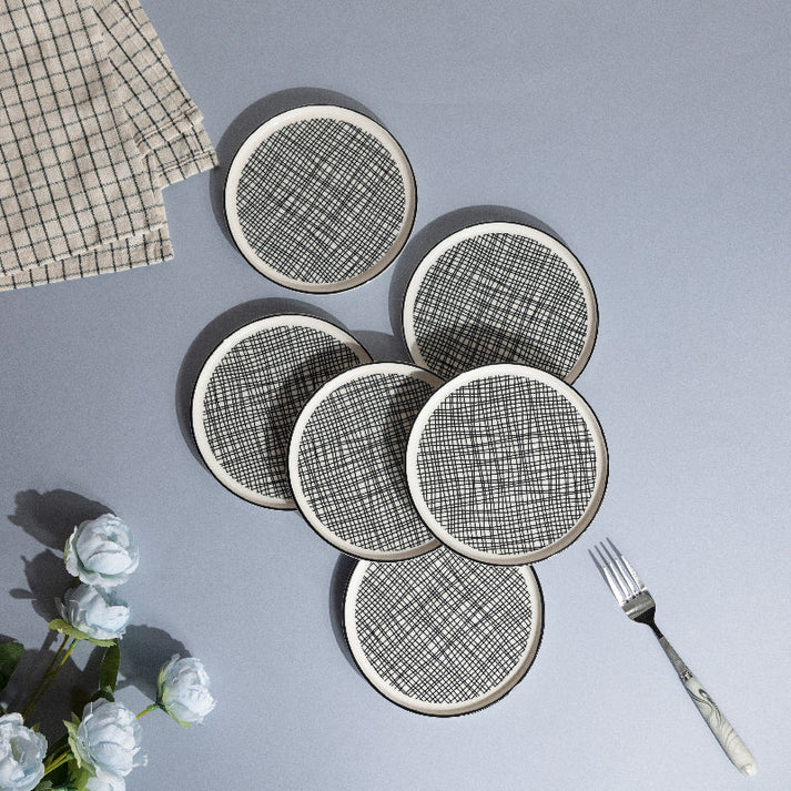 Coral Tree Ceramic Dessert Plate Set of 6 | Black Line Pattern Snack Plate | 15 cm Serving Plate