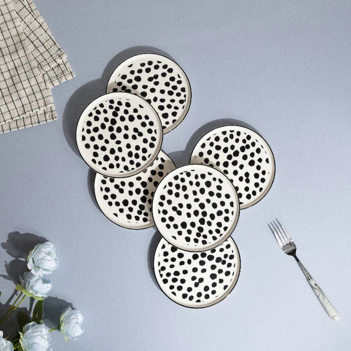 Coral Tree Ceramic Dessert Plate Set of 6 | Black Polka Dot Snack Plate | 15 cm Serving Plate