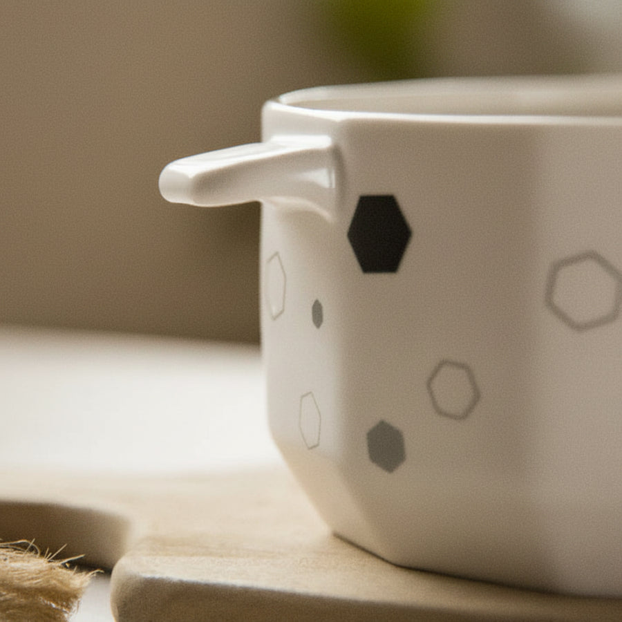 Coral Tree Ceramic Casserole Bowl with Lid | Geometric Printed Serving Pot | 20x15x12 cm | White