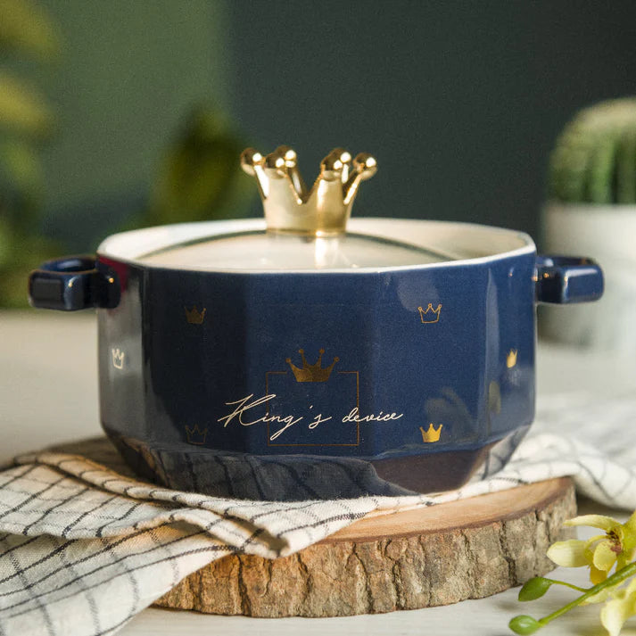 Coral Tree Ceramic Casserole Bowl with Lid | Crown Handle Serving Pot | 20x15x12 cm | Premium Serving Dish