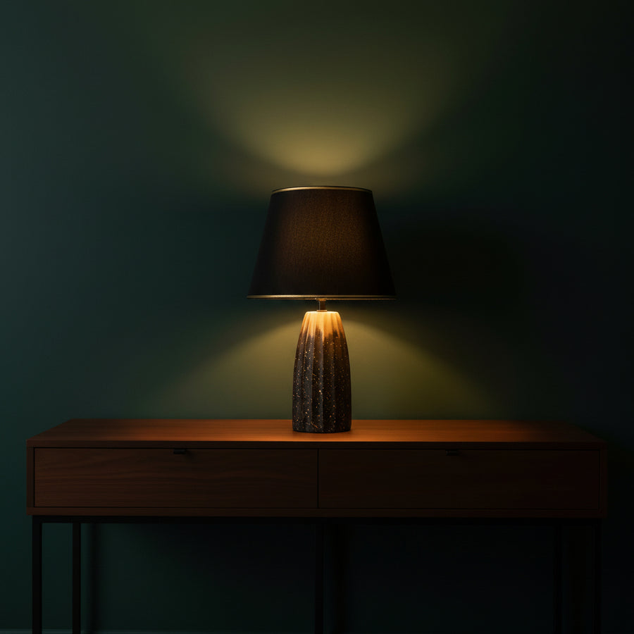 Modern Table Lamp with Matte Black Shade & Gold Border | Decorative Bedside Lamp | E14 Holder | 33 cm