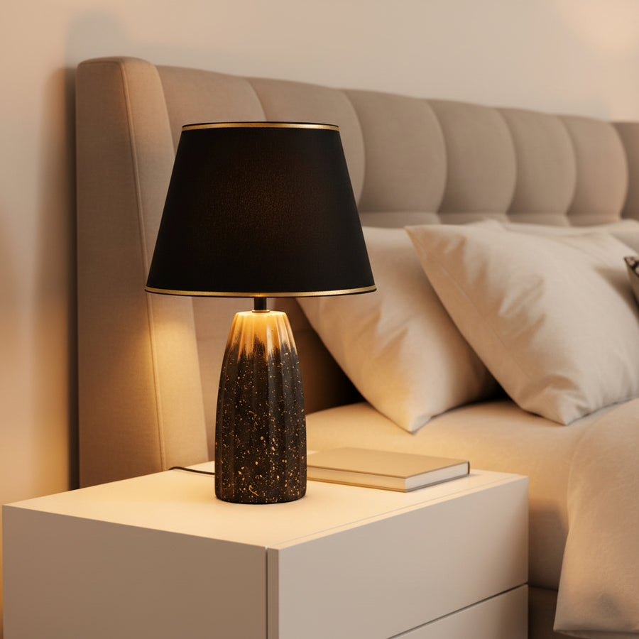 Modern Table Lamp with Matte Black Shade & Gold Border | Decorative Bedside Lamp | E14 Holder | 33 cm