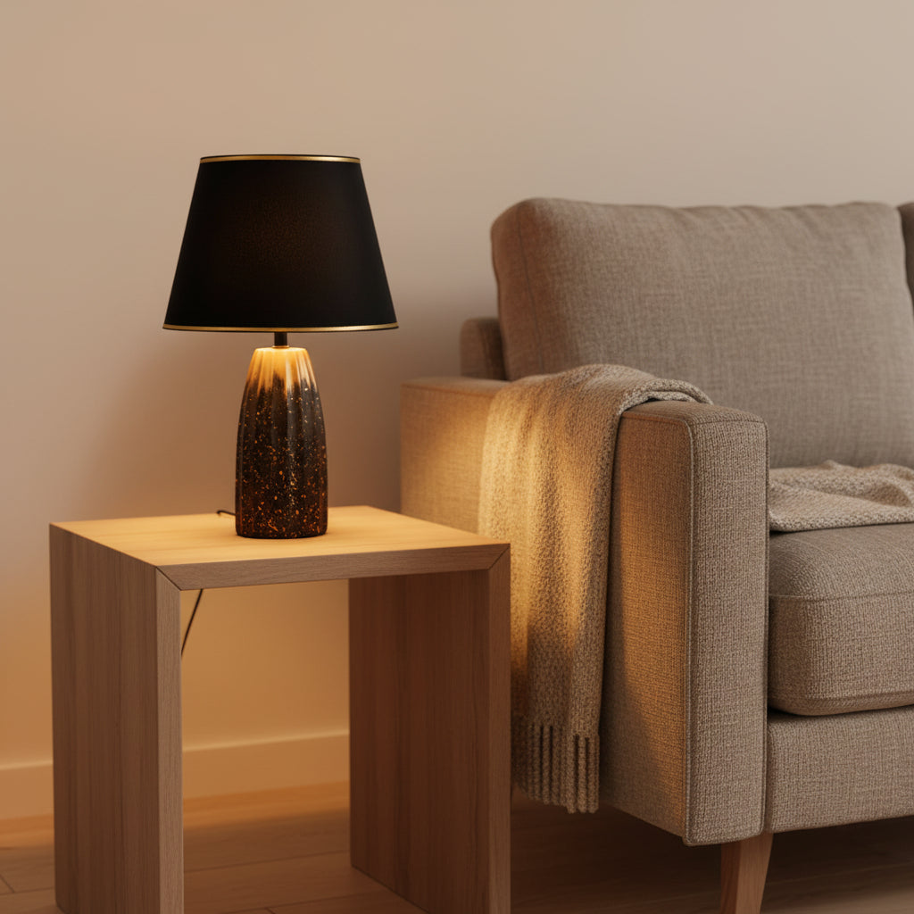 Modern Table Lamp with Matte Black Shade & Gold Border | Decorative Bedside Lamp | E14 Holder | 33 cm