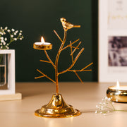Gold Metal Bird Tree T-light Candle Holder (1 Pc) | Decorative T-Light Stand for Home Décor, Diwali & Festive Table Centerpiece | Height 22 cm | Base 10 x 10 cm