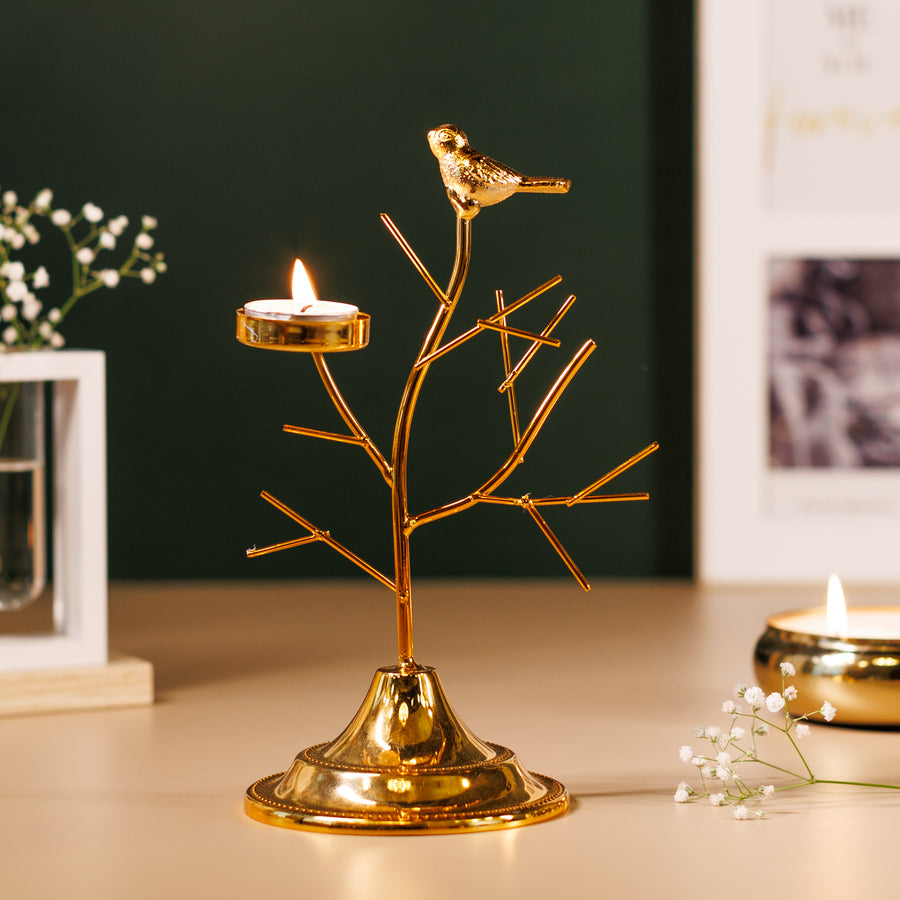 Gold Metal Bird Tree T-light Candle Holder (1 Pc) | Decorative T-Light Stand for Home Décor, Diwali & Festive Table Centerpiece | Height 22 cm | Base 10 x 10 cm