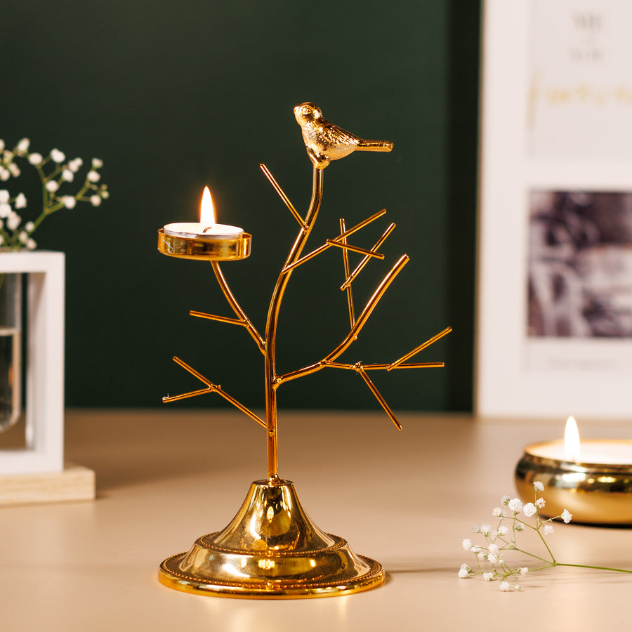 Gold Metal Bird Tree T-light Candle Holder (1 Pc) | Decorative T-Light Stand for Home Décor, Diwali & Festive Table Centerpiece | Height 22 cm | Base 10 x 10 cm