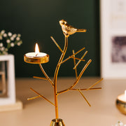 Gold Metal Bird Tree T-light Candle Holder (1 Pc) | Decorative T-Light Stand for Home Décor, Diwali & Festive Table Centerpiece | Height 22 cm | Base 10 x 10 cm
