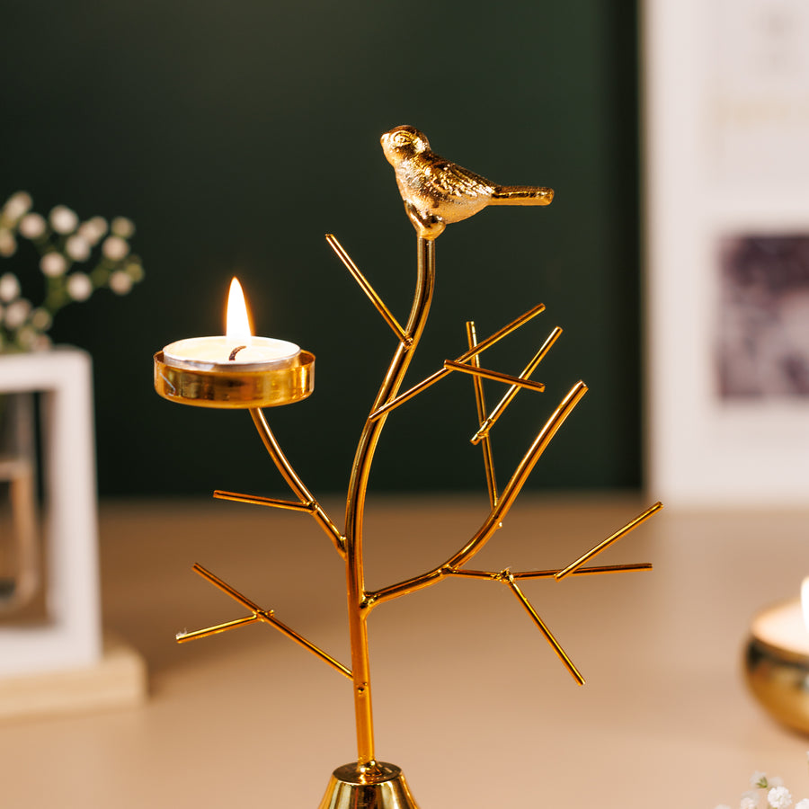 Gold Metal Bird Tree T-light Candle Holder (1 Pc) | Decorative T-Light Stand for Home Décor, Diwali & Festive Table Centerpiece | Height 22 cm | Base 10 x 10 cm