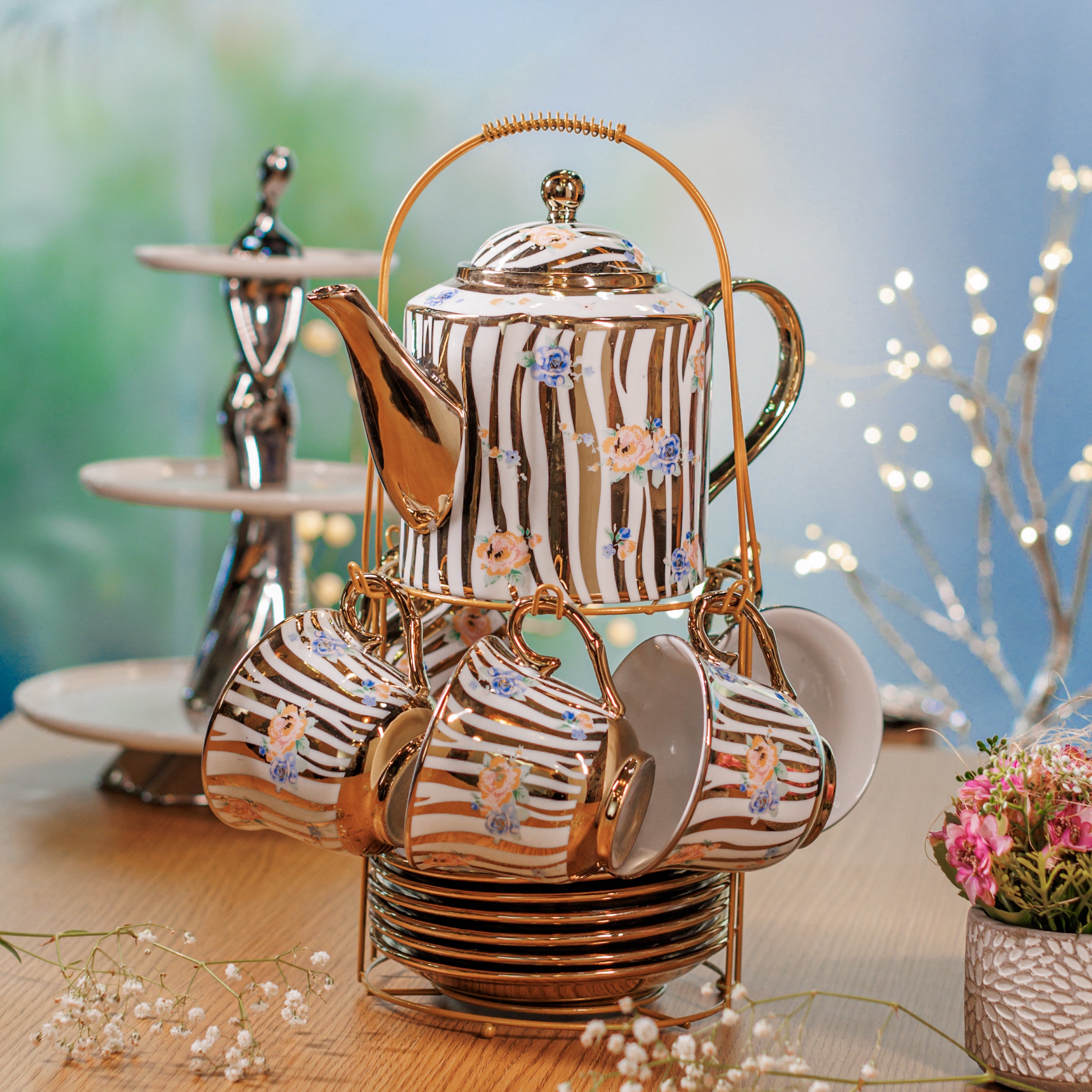 White and Golden color 14 tea Cup set