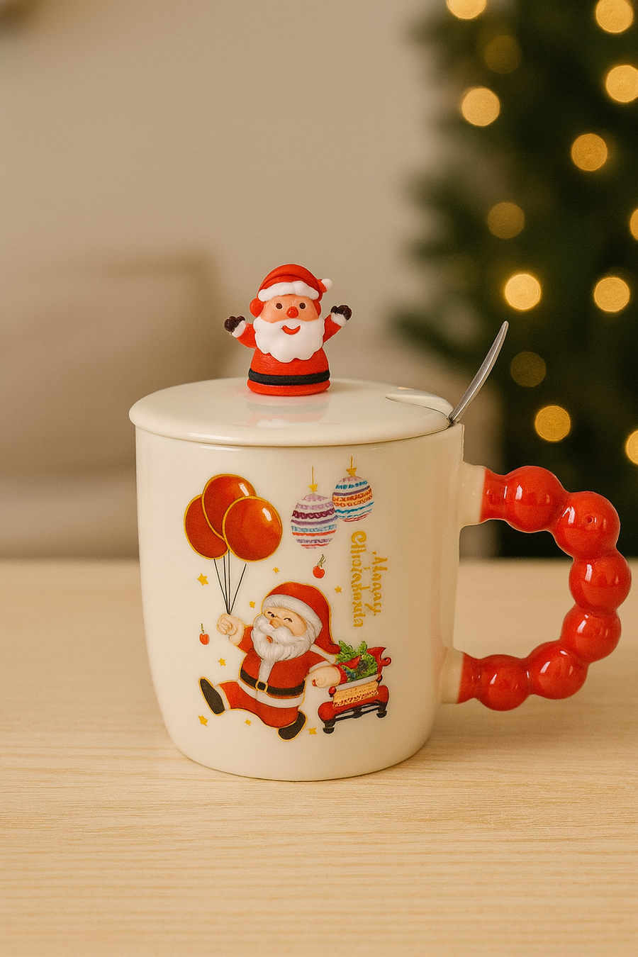 Christmas Ceramic Mug with Lid & Spoon | 350 ML Santa Mug with Red Handle | Merry Christmas Gift Cup for Coffee