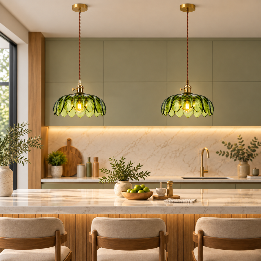 Vintage Green Glass Pendant Light with Wooden Holder & E-27 Bulb Socket | Adjustable Hanging Ceiling Light for Dining Room, Kitchen & Café