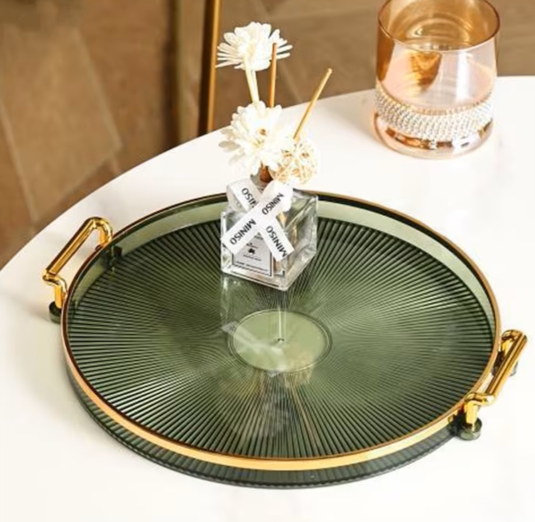 Products Round Decorative Tray, Plastic Tray with Handles, Modern Vanity Tray and Serving Tray for Ottoman, Coffee Table, Kitchen and Bathroom