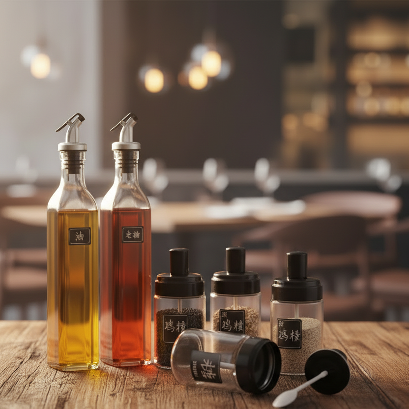 Glass Oil & Seasoning Dispenser Set with Stainless Steel Spout | Kitchen Storage Bottles & Spice Jars