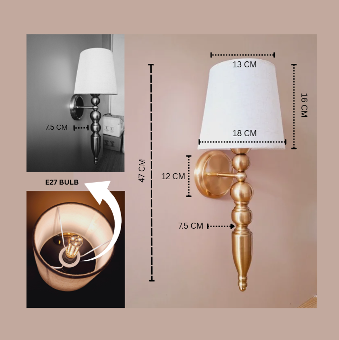 Golden Antique Finish Wall Lamp with Off White Cotton Fabric Shade