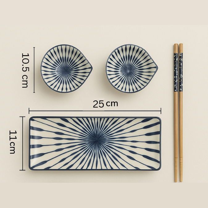 Japanese Dining Set – Ceramic Sushi Plate, 2 Dipping Bowls & 4 Chopsticks | Premium Gift Box