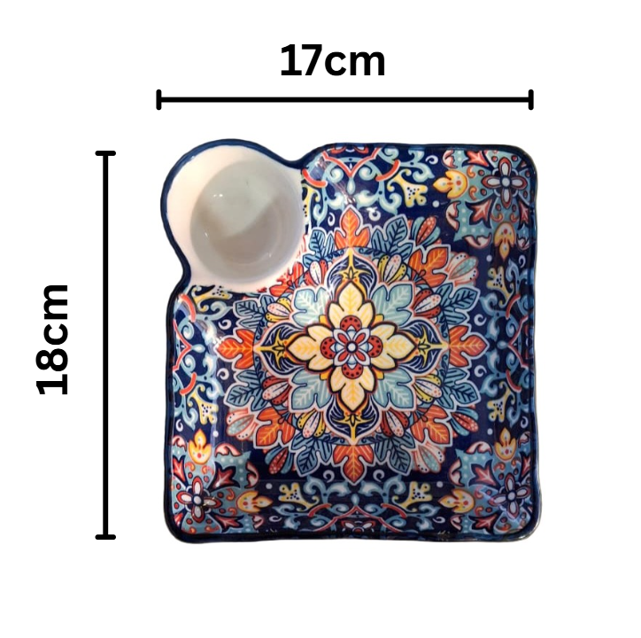 Premium Ceramic Snack Plate with Dip Bowl – 24 x 24 cm Square Serving Dish