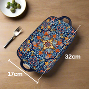 Handcrafted Blue Floral Ceramic Serving Tray – 30 x 17 x 5 cm