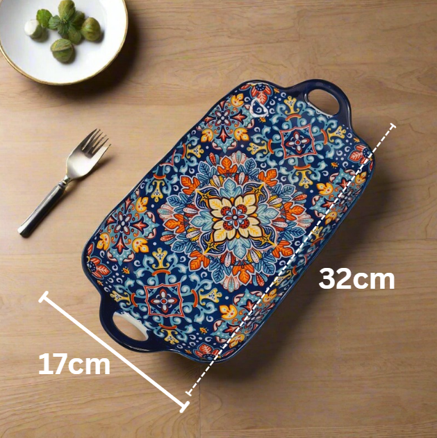 Handcrafted Blue Floral Ceramic Serving Tray – 30 x 17 x 5 cm