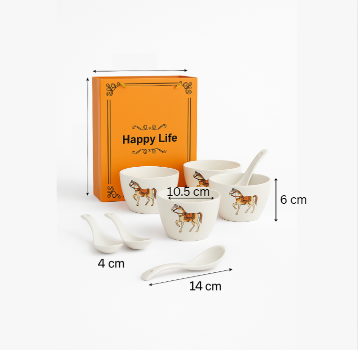 Ceramic Soup Bowl Set with Spoons | 4 Bowls & 4 Soup Spoons