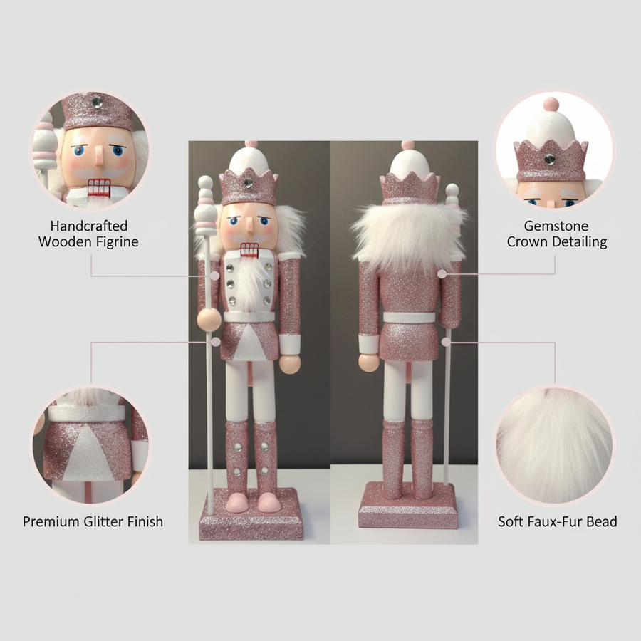 Coral Tree 12inch Pink Glitter King Nutcracker – Wooden Christmas Figurine