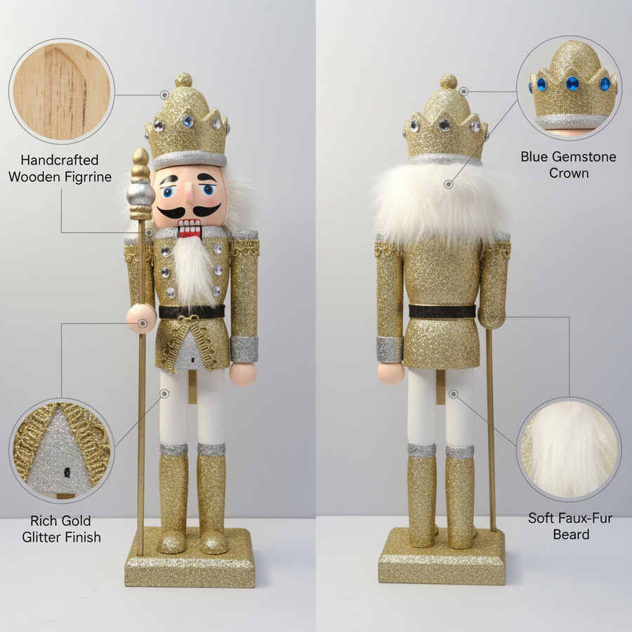 Coral Tree 12” Golden King Nutcracker – Wooden Glitter Christmas Figurine