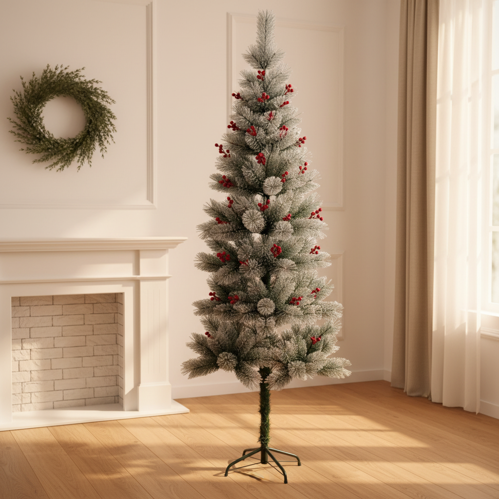 Artificial Christmas Tree with Snow-Frosted Branches & Red Berries – Indoor Festive Decoration