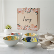 Luxury Ceramic Floral Bowl Set of 4 – Glossy White Exterior with Vibrant Hand-Painted Interior