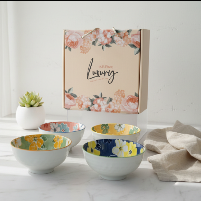 Luxury Ceramic Floral Bowl Set of 4 – Glossy White Exterior with Vibrant Hand-Painted Interior