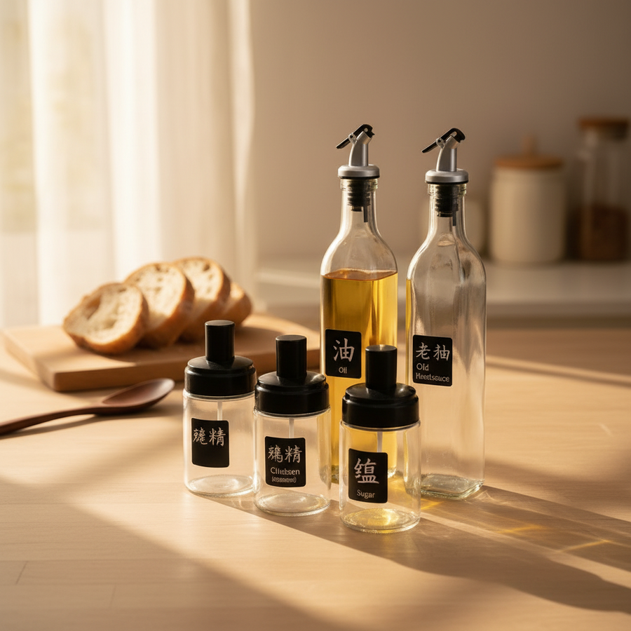 Glass Oil & Seasoning Dispenser Set with Stainless Steel Spout | Kitchen Storage Bottles & Spice Jars