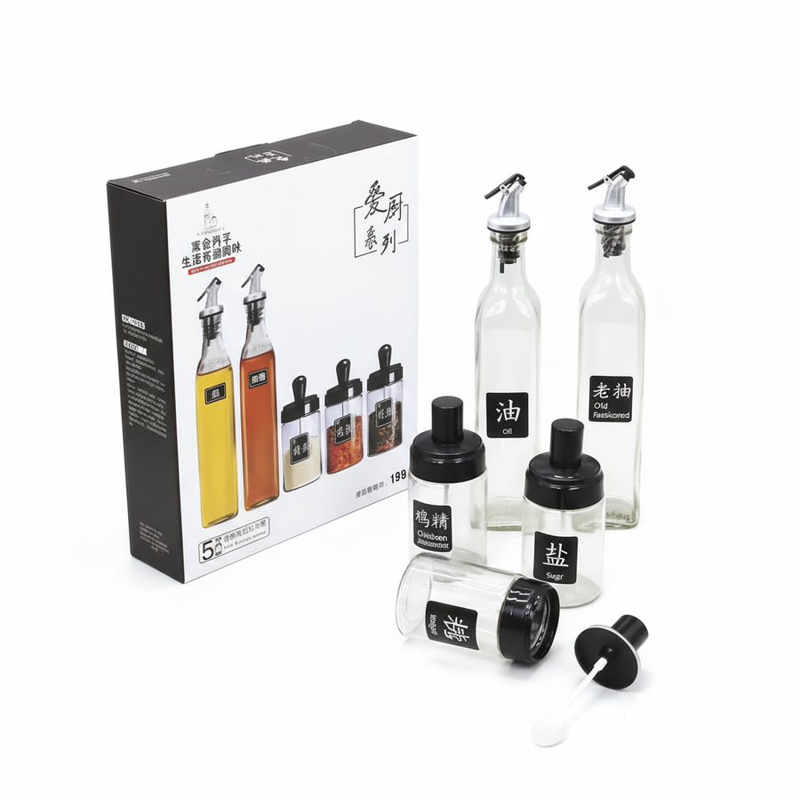 Glass Oil & Seasoning Dispenser Set with Stainless Steel Spout | Kitchen Storage Bottles & Spice Jars