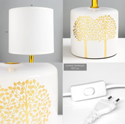 Ceramic Table Lamp with Gold Tree Design | Modern Bedside Lamp with Fabric Shade | E14 Holder | 28 cm