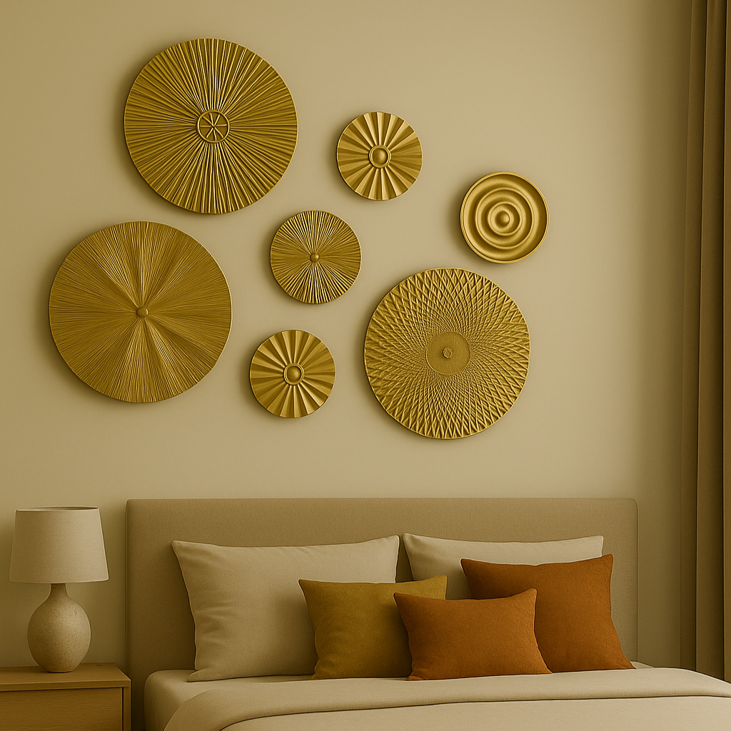 Golden Metal Wall Plate Set – 7 Round Decorative Wall Hangings for Bedroom, Living Room & Hall