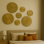 Golden Metal Wall Plate Set – 7 Round Decorative Wall Hangings for Bedroom, Living Room & Hall