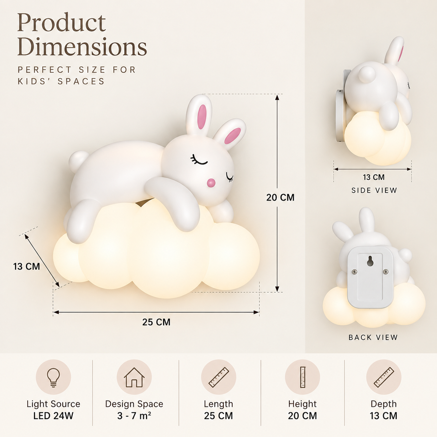 Coral Tree Rabbit on Cloud LED Wall Light for Kids Room | Cute Bunny Decorative Wall Lamp with 3 Colour Changing Light – Warm White, Off White & White | 24W LED Light for Bedroom, Nursery & Playroom