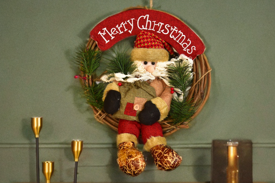 Christmas Wreath Pendant - 35CM Santa Claus Snowman Deer Wood Rattan Ring Xmas Hanging Decor