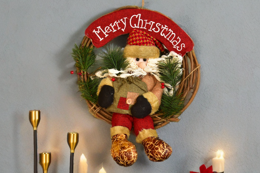 Christmas Wreath Pendant - 35CM Santa Claus Snowman Deer Wood Rattan Ring Xmas Hanging Decor