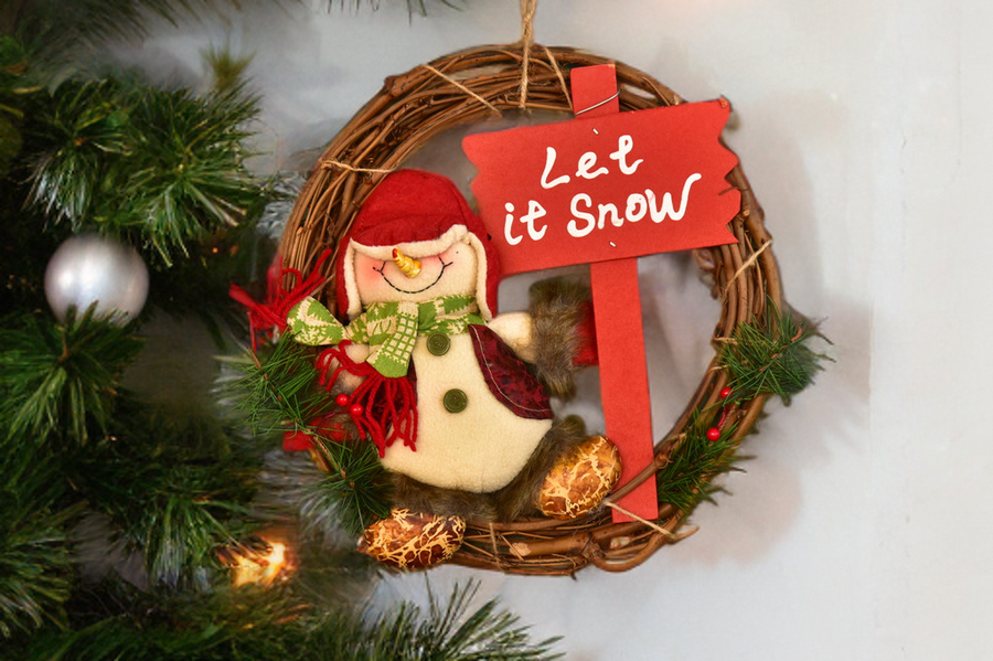 Christmas Wreath Pendant - 35CM Santa Claus Snowman Deer Wood Rattan Ring Xmas Hanging Decor