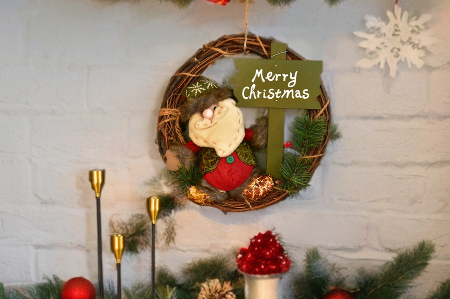 Christmas Wreath Pendant - 35CM Santa Claus Snowman Deer Wood Rattan Ring Xmas Hanging Decor