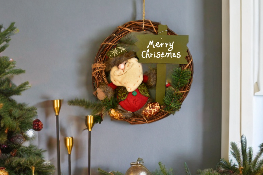 Christmas Wreath Pendant - 35CM Santa Claus Snowman Deer Wood Rattan Ring Xmas Hanging Decor