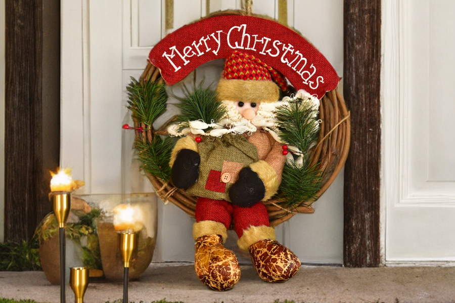 Christmas Wreath Pendant - 35CM Santa Claus Snowman Deer Wood Rattan Ring Xmas Hanging Decor