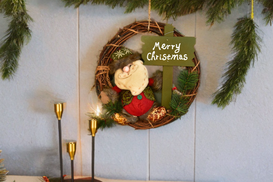 Christmas Wreath Pendant - 35CM Santa Claus Snowman Deer Wood Rattan Ring Xmas Hanging Decor