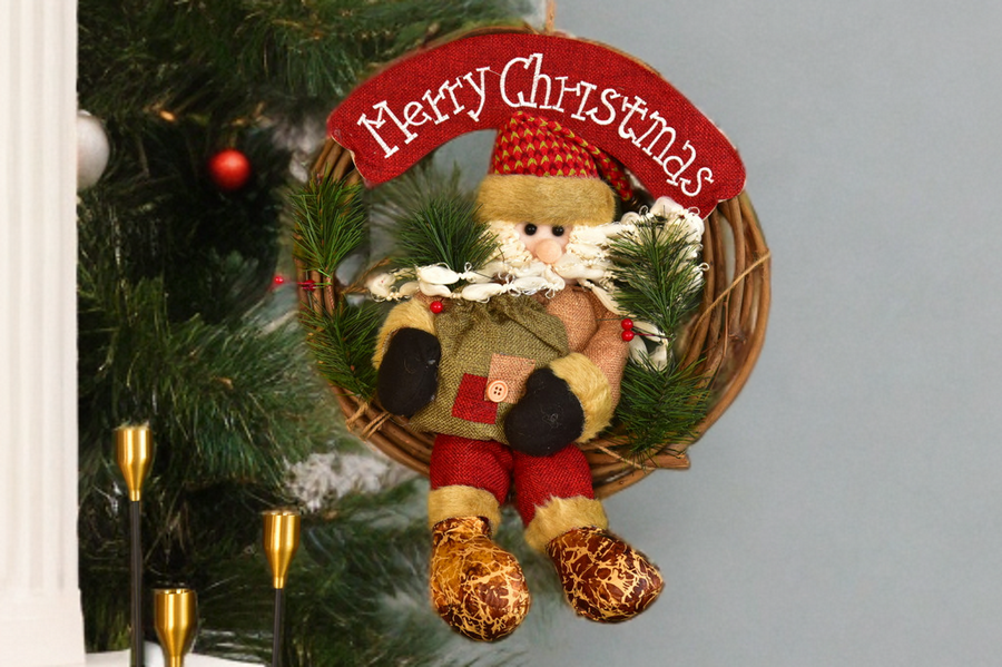 Christmas Wreath Pendant - 35CM Santa Claus Snowman Deer Wood Rattan Ring Xmas Hanging Decor