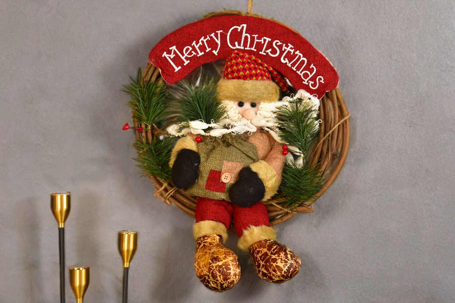 Christmas Wreath Pendant - 35CM Santa Claus Snowman Deer Wood Rattan Ring Xmas Hanging Decor