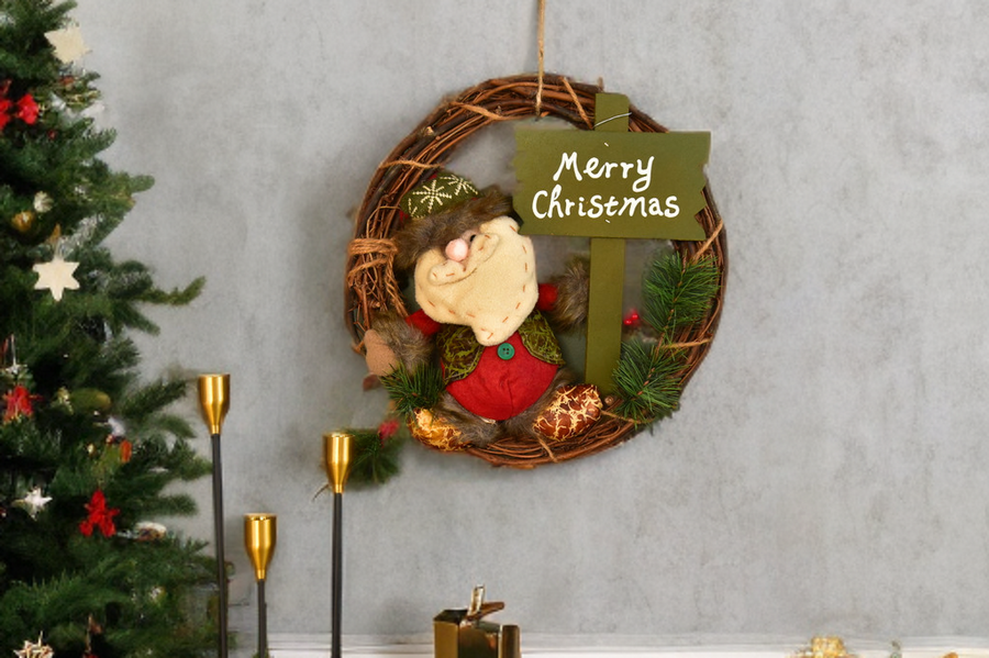 Christmas Wreath Pendant - 35CM Santa Claus Snowman Deer Wood Rattan Ring Xmas Hanging Decor