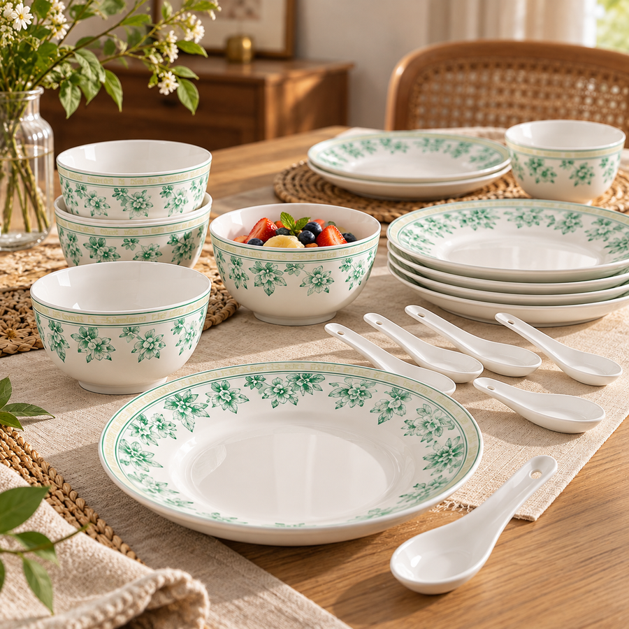 Coral Tree 16-Piece Ceramic Dinnerware Set | Green Floral Botanical Design | 6 Bowls, 4 Deep Plates & 6 Ceramic Spoons