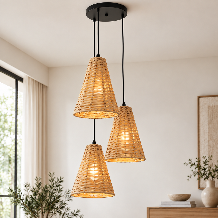 Coral Tree Set of 3 Handwoven Natural Rattan Pendant Hanging Lights